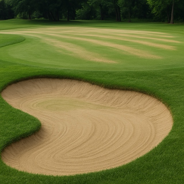 Aerial view of a golf course green being topdressed with sand, featuring smooth turf, even sand application, and a freshly groomed bunker surrounded by lush grass under bright daylight.